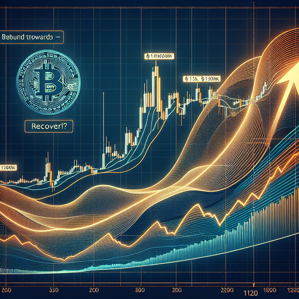 "SEO alt-text: A fluctuating Bitcoin price chart illustrating potential rebound towards 0K, signified by an upward arrow. Also showcases key financial levels like 0K and 5K indicated using midnight blue color. Chart contains elements in bright orange to represent positive growth and dark blue for downturns. Subtly overlays wave patterns symbolizing market volatility. Caption reads 'Bitcoin Price Prediction: Rebound Towards 0K?'".