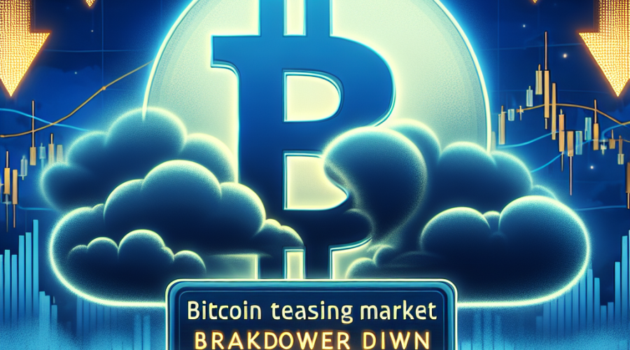 "Bitcoin symbol in orange against a contrasting dark blue background surrounded by gloomy clouds with arrows pointing downwards, symbolizing a price decline. Vague outlines of bearish traders in midnight blue anxiously observing the price action. Text 'Bitcoin Teasing Market Breakdown: A Deeper Dive' prominently displayed in bold, mirroring the market's serious sentiment. Optimally blended image with a resolution of 1200 x 628 pixels."