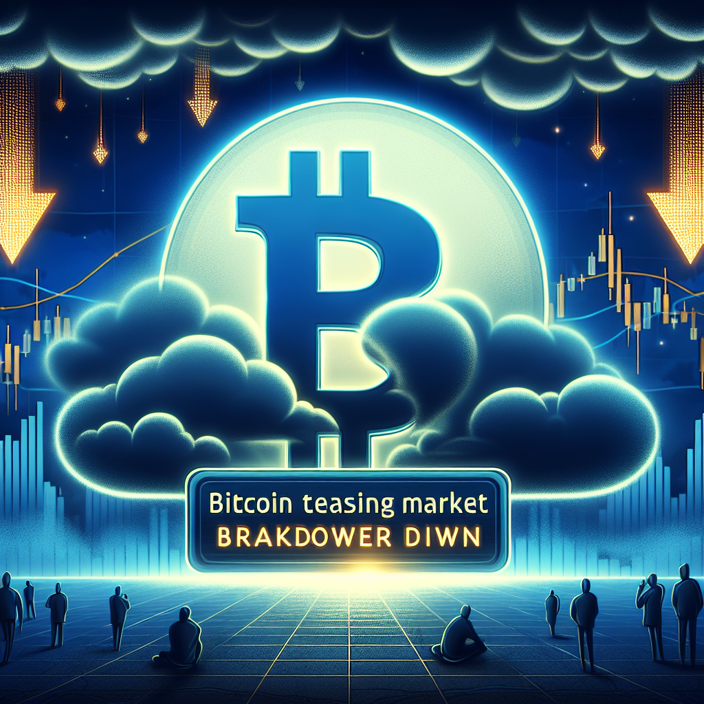 "Bitcoin symbol in orange against a contrasting dark blue background surrounded by gloomy clouds with arrows pointing downwards, symbolizing a price decline. Vague outlines of bearish traders in midnight blue anxiously observing the price action. Text 'Bitcoin Teasing Market Breakdown: A Deeper Dive' prominently displayed in bold, mirroring the market's serious sentiment. Optimally blended image with a resolution of 1200 x 628 pixels."