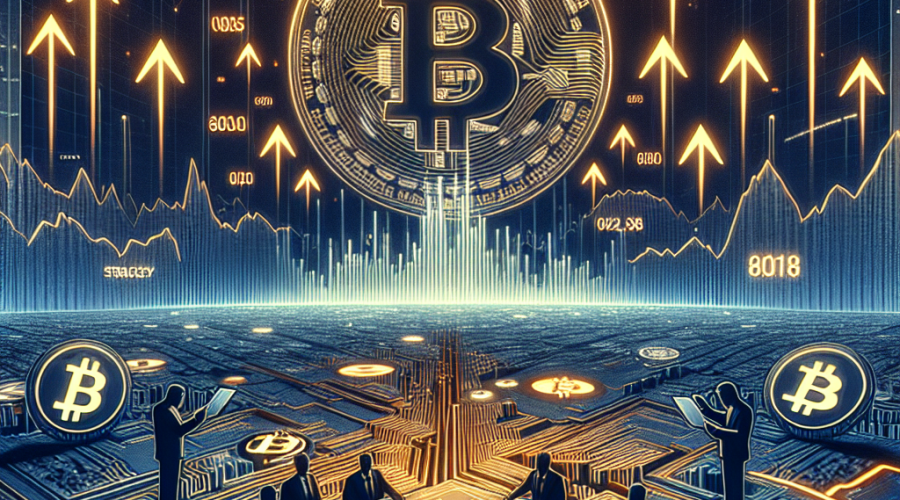 "President Trump signing an executive order endorsing crypto in 401(k) plans, while the Bitcoin symbol, represented in our brand color Orange, soars high in a futuristic digital landscape, amid rising symbols of key crypto firms like Strategy, Coinbase, and Robinhood in Dark Blue and Midnight Blue backdrop. Image style is consistent with our previous designs, sized 1200 x 628 pixels, underscoring the message 'Bitcoin Soars as Trump Endorses Crypto in 401(k) Plans'".