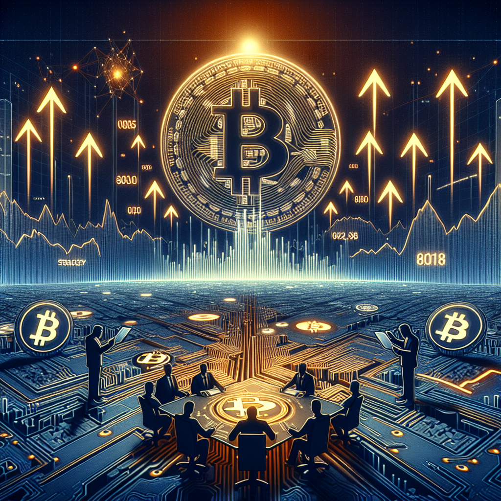 "President Trump signing an executive order endorsing crypto in 401(k) plans, while the Bitcoin symbol, represented in our brand color Orange, soars high in a futuristic digital landscape, amid rising symbols of key crypto firms like Strategy, Coinbase, and Robinhood in Dark Blue and Midnight Blue backdrop. Image style is consistent with our previous designs, sized 1200 x 628 pixels, underscoring the message 'Bitcoin Soars as Trump Endorses Crypto in 401(k) Plans'".