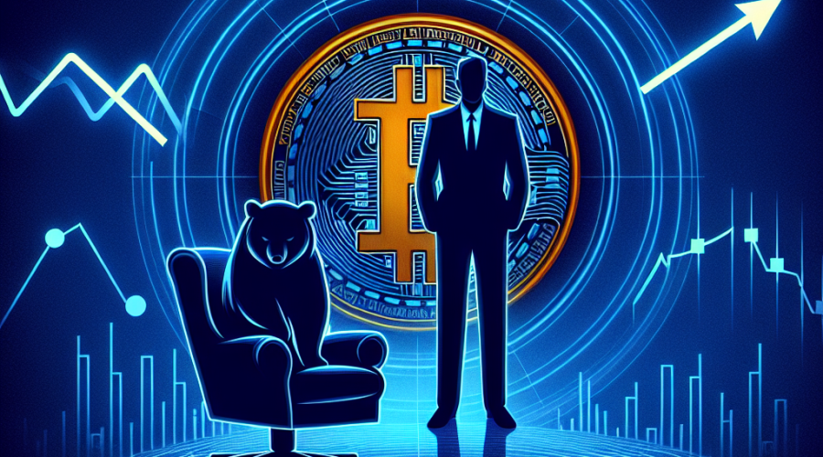 "1200x628 image featuring bearish Bitcoin symbol in orange against midnight blue backdrop, overlapped by dark blue silhouette of Jerome Powell, Federal Reserve Chair. Indicator of an imminent interest rate cut provided by declination on line graph. Spinning arrows symbolizing volatile Bitcoin market. Image emphasizes uncertainty and speculation in Bitcoin trading due to Federal Reserve's potential moves."