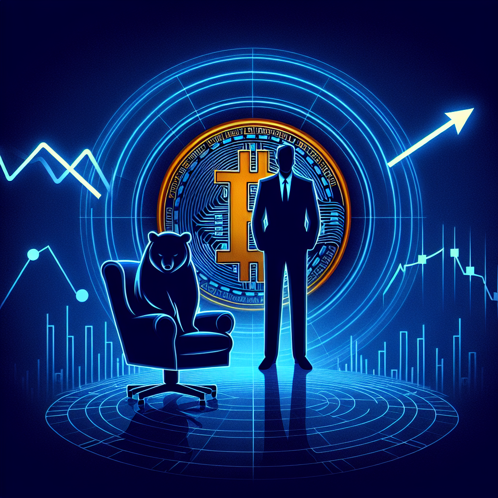 "1200x628 image featuring bearish Bitcoin symbol in orange against midnight blue backdrop, overlapped by dark blue silhouette of Jerome Powell, Federal Reserve Chair. Indicator of an imminent interest rate cut provided by declination on line graph. Spinning arrows symbolizing volatile Bitcoin market. Image emphasizes uncertainty and speculation in Bitcoin trading due to Federal Reserve's potential moves."