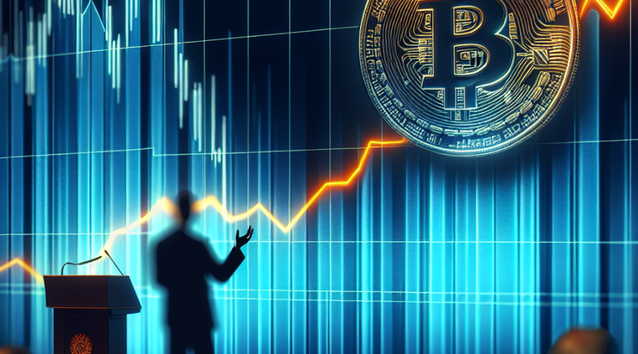 "Jerome Powell addressing the Economic Symposium with a backdrop of Bitcoin emblem falling sharply on an orange line graph against a dark and midnight blue gradient background, symbolizing Bitcoin's uncertain future and potential price decline."