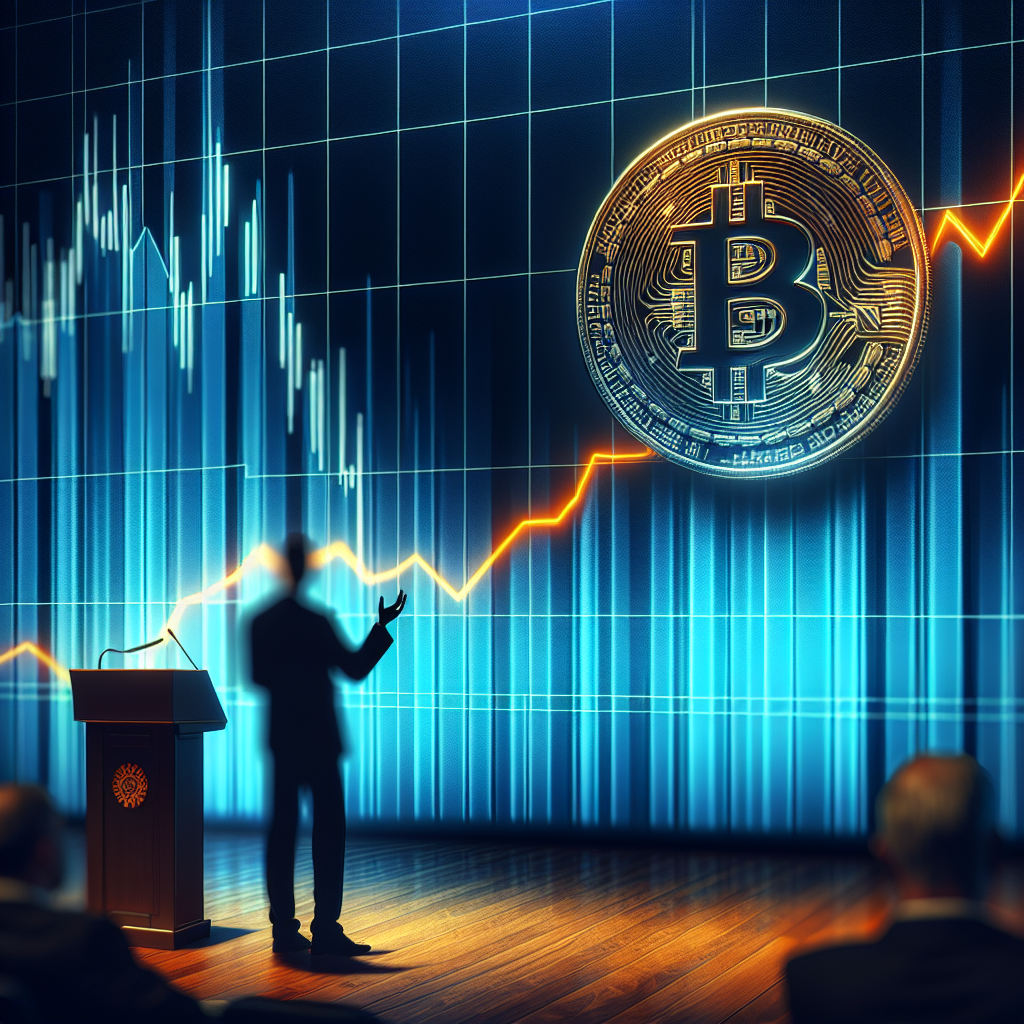 "Jerome Powell addressing the Economic Symposium with a backdrop of Bitcoin emblem falling sharply on an orange line graph against a dark and midnight blue gradient background, symbolizing Bitcoin's uncertain future and potential price decline."