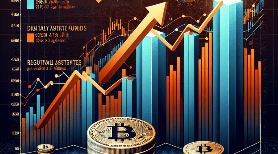 "Depiction of fluctuating cryptocurrency market with Bitcoin dominance decline and altcoin rise including Ethereum, Ripple, and BNB, represented in vivid shades of orange and dark to midnight blues. Major feature includes an upward surge of ETF assets beyond 0 billion and symbolic icons of Bitcoin, Ethereum, and Ripple. The graph visually contrasts the downward trend of Bitcoin's market share against the rising trajectory of altcoins and ETFs. A discreet background element highlights the impressive  trillion total crypto market cap milestone amidst a context of regulatory changes."