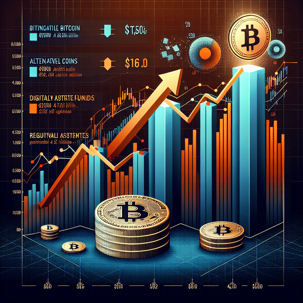 "Depiction of fluctuating cryptocurrency market with Bitcoin dominance decline and altcoin rise including Ethereum, Ripple, and BNB, represented in vivid shades of orange and dark to midnight blues. Major feature includes an upward surge of ETF assets beyond 0 billion and symbolic icons of Bitcoin, Ethereum, and Ripple. The graph visually contrasts the downward trend of Bitcoin's market share against the rising trajectory of altcoins and ETFs. A discreet background element highlights the impressive  trillion total crypto market cap milestone amidst a context of regulatory changes."