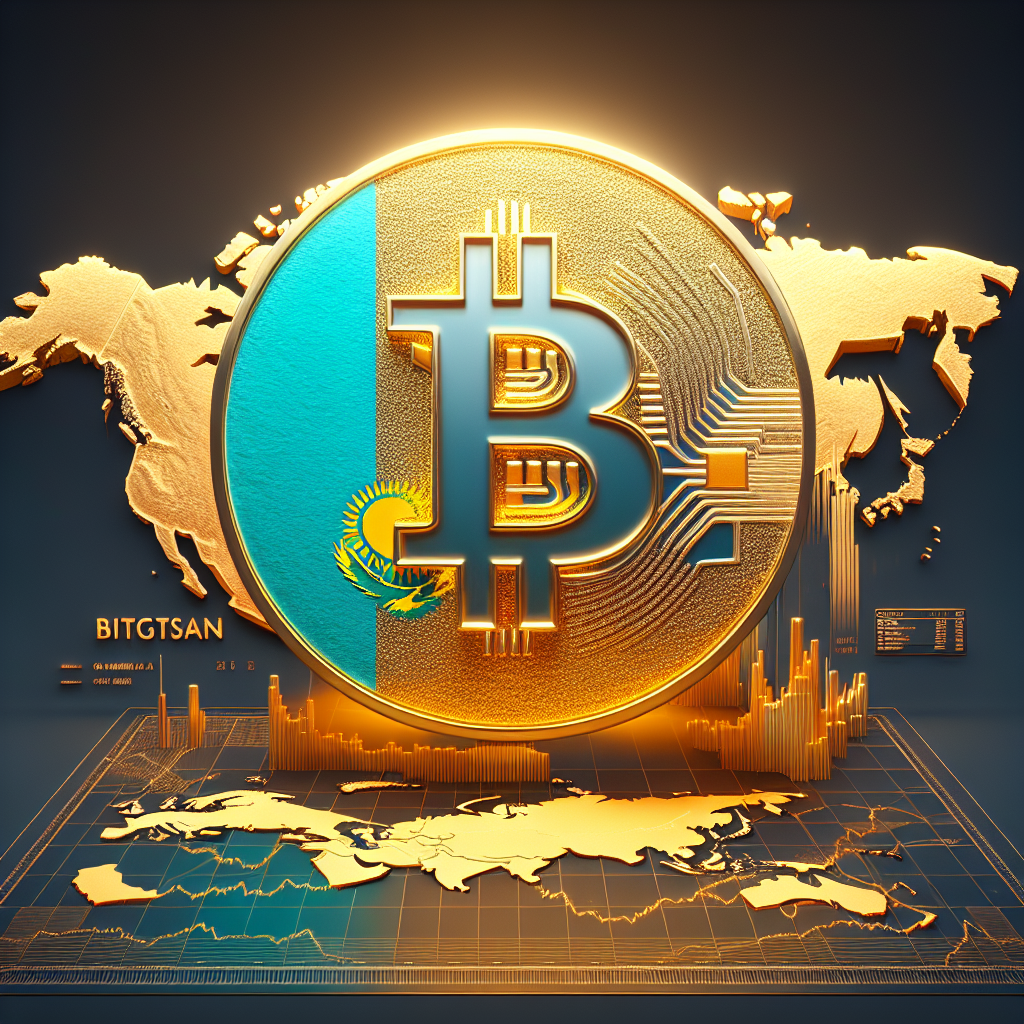 "Golden Bitcoin logo against Central Asia map, with Kazakhstan flag colors and abstract stock exchange representation in the background, and BitGo logo beneath the Bitcoin, displaying the Crypto Exchange Traded Fund launch in Central Asia and BitGo's pivotal role as custodian."