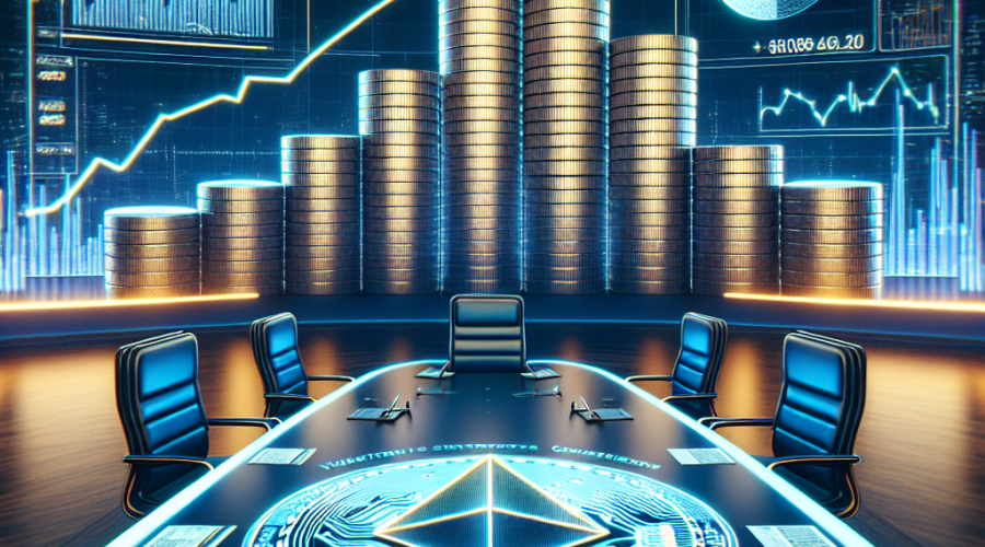 "High-quality image depicting a futuristic representation of Ethereum coins on a digital boardroom table, reflecting BitMine Immersion's bold, corporate Ethereum acquisition strategy. The BitMine logo is tastefully overlaid in vibrant #FF9811, coupled with the tagline 'World's Largest Corporate Holder of Ethereum' in sleek, modern typography in #021B88. The image is elegantly balanced with a subtle accent of #000D43 in the bottom right corner, symbolising growth and value in the digital currency future."