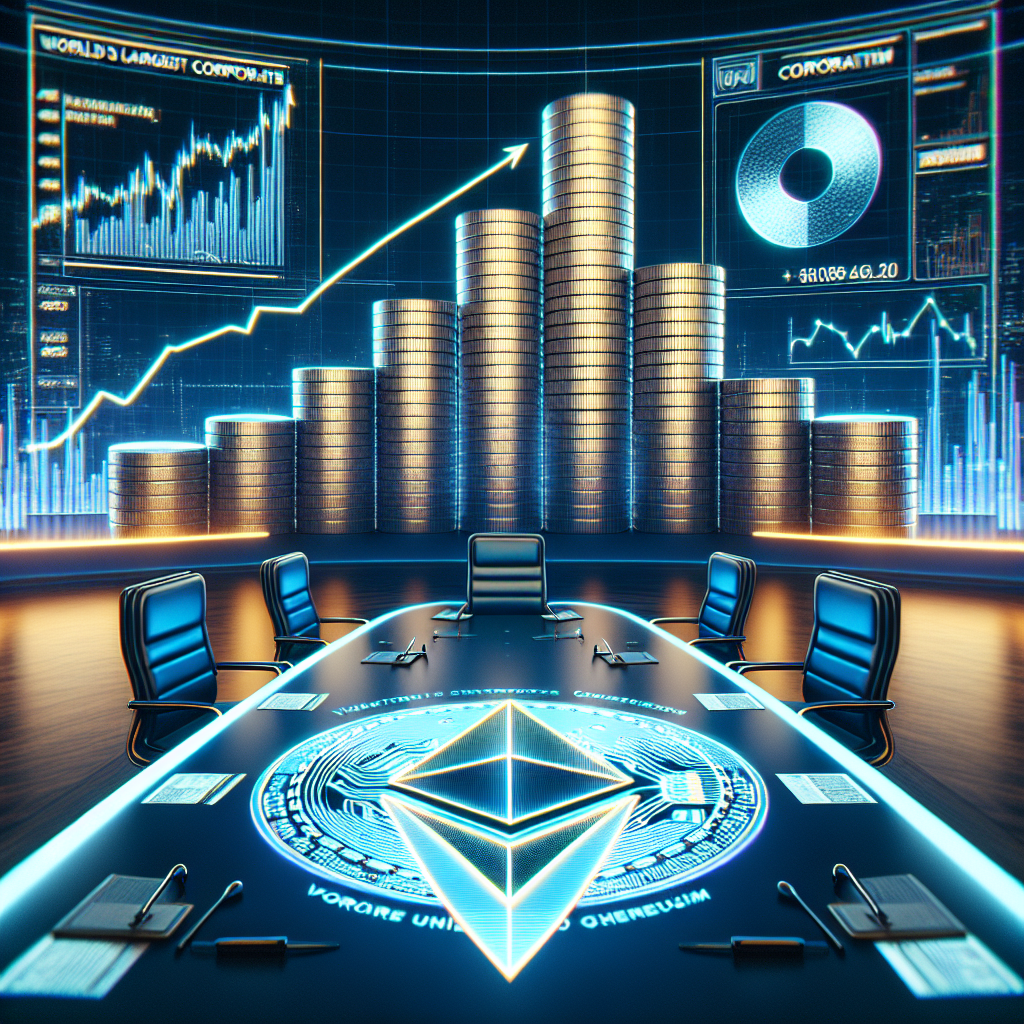 "High-quality image depicting a futuristic representation of Ethereum coins on a digital boardroom table, reflecting BitMine Immersion's bold, corporate Ethereum acquisition strategy. The BitMine logo is tastefully overlaid in vibrant #FF9811, coupled with the tagline 'World's Largest Corporate Holder of Ethereum' in sleek, modern typography in #021B88. The image is elegantly balanced with a subtle accent of #000D43 in the bottom right corner, symbolising growth and value in the digital currency future."