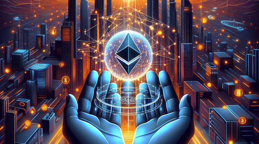 "Striking bird's eye view image portraying BitMine Immersion Technologies' plan to acquire 5% of total Ethereum supply, symbolized through an LED-lit crystal sphere and glowing 3D text in an ethereal digital metropolis colored in vibrant shades of orange, dark and midnight blue, featuring silhouetted icons of investors such as ARK Invest and Founders Fund as towering skyscrapers, complemented with subtle digital monetary symbols symbolizing growth - ideal for our Wordpress blog post on BitMine's strategy. No additional elements are added around the contrasting edges in our brand colors for a minimalist, modern appeal."