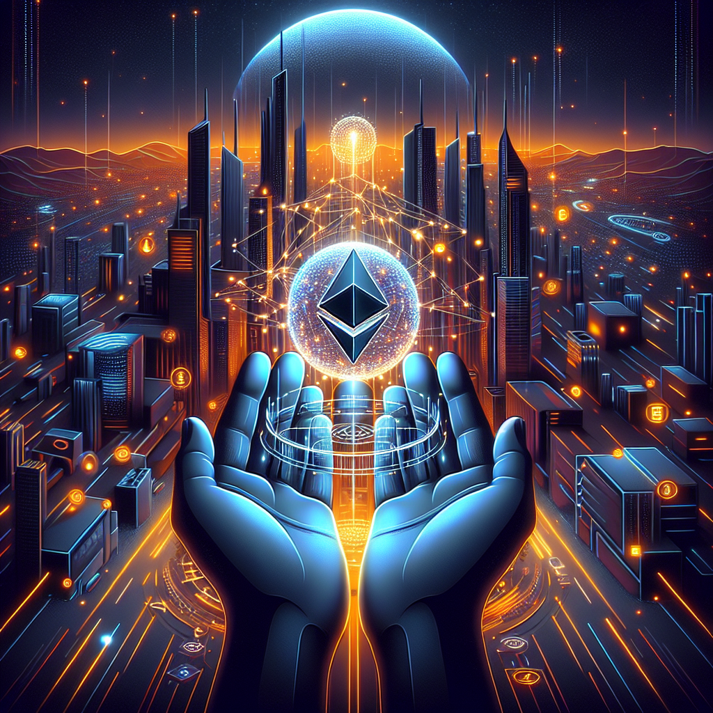 "Striking bird's eye view image portraying BitMine Immersion Technologies' plan to acquire 5% of total Ethereum supply, symbolized through an LED-lit crystal sphere and glowing 3D text in an ethereal digital metropolis colored in vibrant shades of orange, dark and midnight blue, featuring silhouetted icons of investors such as ARK Invest and Founders Fund as towering skyscrapers, complemented with subtle digital monetary symbols symbolizing growth - ideal for our Wordpress blog post on BitMine's strategy. No additional elements are added around the contrasting edges in our brand colors for a minimalist, modern appeal."