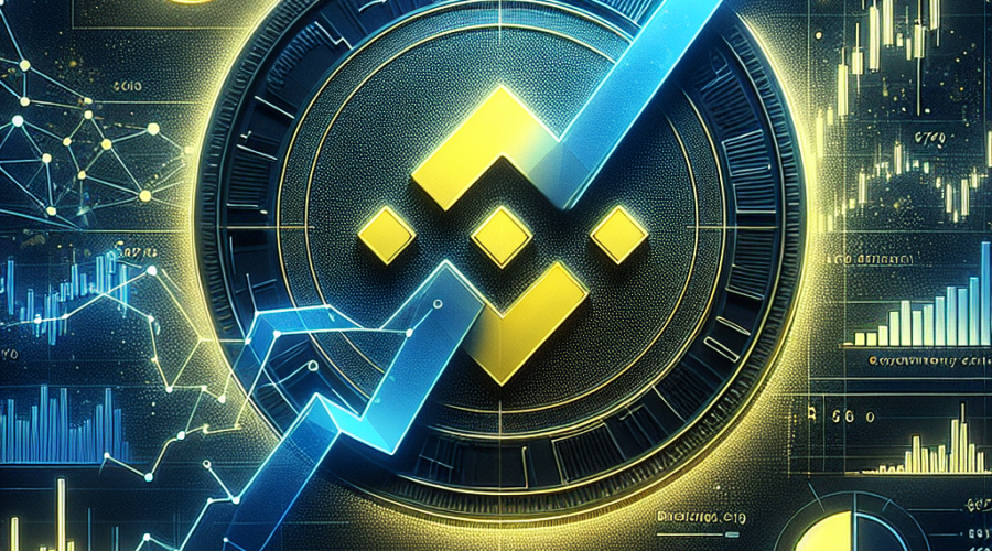 "SEO alt-text: Illustration of the Binance Coin (BNB) featuring a digital coin background in dark blue and midnight blue colors, highlighting a graphic line presenting a bullish trend from 0 to 0. Displaying high trading volumes and Binance coin’s robust market dominance through an abstract representation. A partially visible market cap pie chart emphasizes BNB's significant place in the crypto market. Visual hints of fluctuating geopolitical and macroeconomic factors with a subtle Binance logo and references to various corporations investing in BNB. Conveying the themes of recovery, strength, and stability amidst the volatility of the cryptocurrency market."