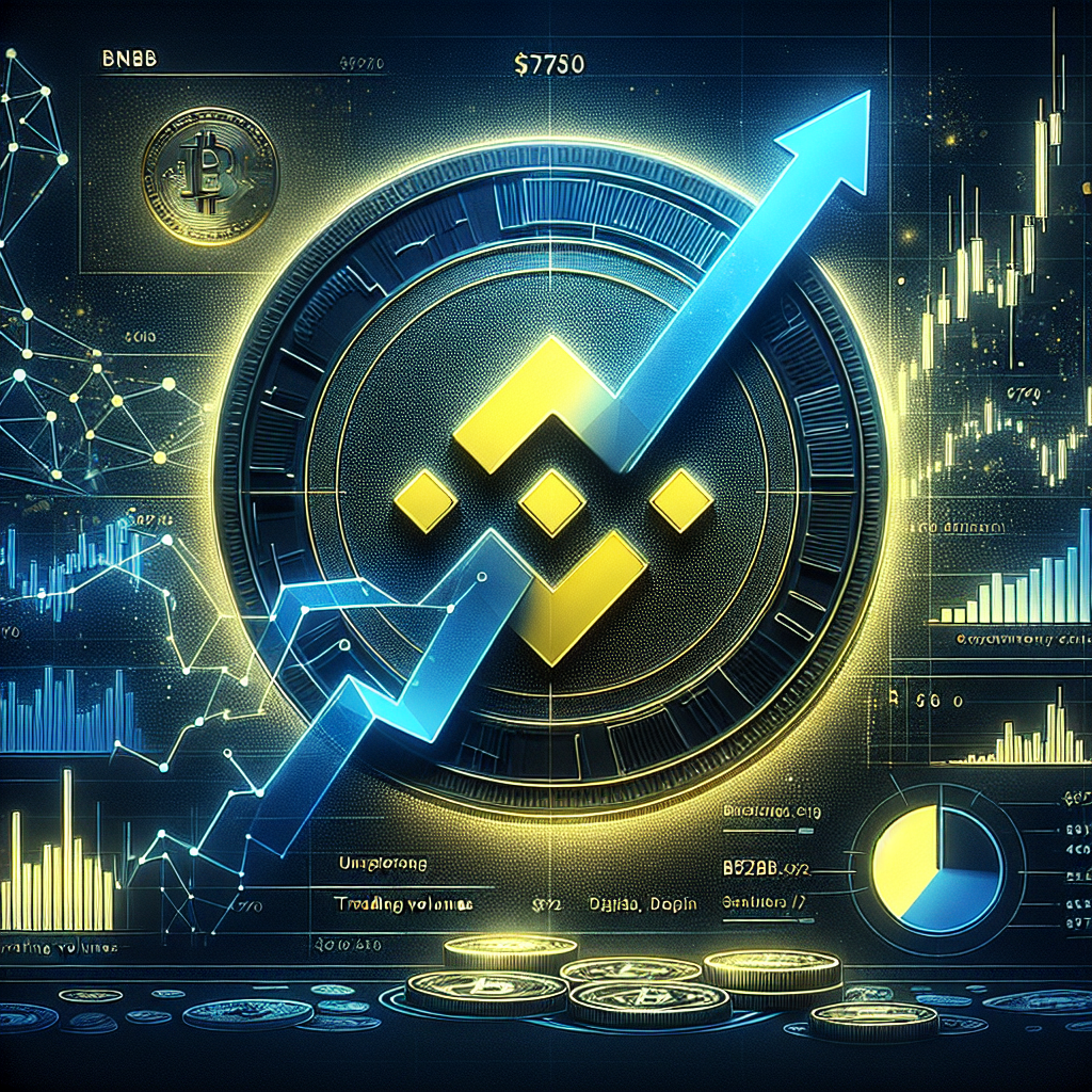 "SEO alt-text: Illustration of the Binance Coin (BNB) featuring a digital coin background in dark blue and midnight blue colors, highlighting a graphic line presenting a bullish trend from 0 to 0. Displaying high trading volumes and Binance coin’s robust market dominance through an abstract representation. A partially visible market cap pie chart emphasizes BNB's significant place in the crypto market. Visual hints of fluctuating geopolitical and macroeconomic factors with a subtle Binance logo and references to various corporations investing in BNB. Conveying the themes of recovery, strength, and stability amidst the volatility of the cryptocurrency market."