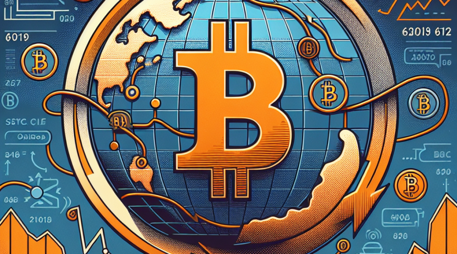 "Bitcoin symbol in vibrant brand orange intertwining with a dark blue and midnight blue globe representing global peace talks, against a subtle light gradient backdrop. Arrows pointing up and down indicating Bitcoin price fluctuations, along with subtle hints of financial elements like inflation and interest rates. This fits perfectly into the 1200x628 pixels dimension for optimal SEO."