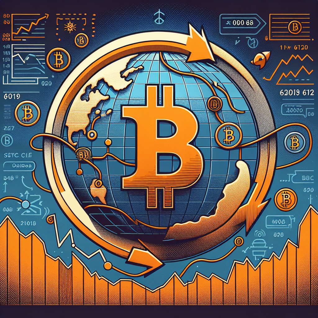 "Bitcoin symbol in vibrant brand orange intertwining with a dark blue and midnight blue globe representing global peace talks, against a subtle light gradient backdrop. Arrows pointing up and down indicating Bitcoin price fluctuations, along with subtle hints of financial elements like inflation and interest rates. This fits perfectly into the 1200x628 pixels dimension for optimal SEO."