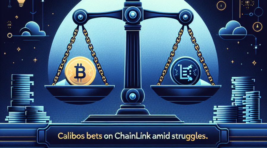 "An illustrated scale-balancing property and Chainlink (LINK) tokens on a dark blue background, symbolising Caliber's strategic shift towards Chainlink during business difficulties, with a midnight blue ribbon at the bottom displaying the orange text '#FF9811: CaliberCos bets on Chainlink amid struggles.' Image size is 1200x628 pixels."