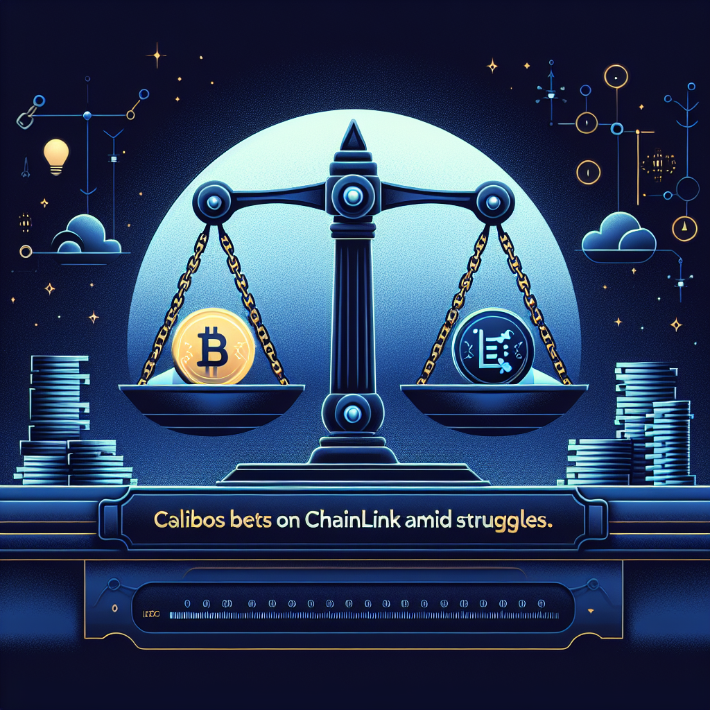 "An illustrated scale-balancing property and Chainlink (LINK) tokens on a dark blue background, symbolising Caliber's strategic shift towards Chainlink during business difficulties, with a midnight blue ribbon at the bottom displaying the orange text '#FF9811: CaliberCos bets on Chainlink amid struggles.' Image size is 1200x628 pixels."