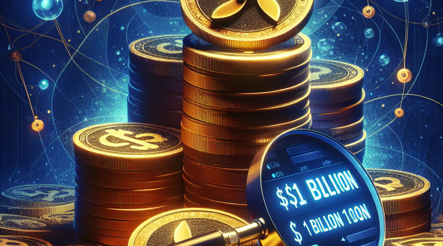 "Golden coins stacked in increasing size under a magnifying glass, the largest showcasing the Centrifuge logo, to signify growth. A vast network of faintly visible real-world assets like buildings and machinery in the backdrop. A digital board on the right, glowing with ' Billion TVL' in midnight blue, against a dark blue background with pops of orange."