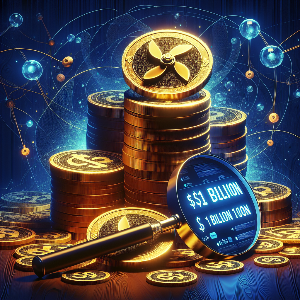"Golden coins stacked in increasing size under a magnifying glass, the largest showcasing the Centrifuge logo, to signify growth. A vast network of faintly visible real-world assets like buildings and machinery in the backdrop. A digital board on the right, glowing with ' Billion TVL' in midnight blue, against a dark blue background with pops of orange."