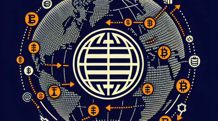 "Commodity Futures Trading Commission logo in orange superimposed on a globe adorned with midnight blue crypto icons, over a dark blue background. Dotted lines trace a network between international crypto exchanges with a reverse route leading back to the US, symbolizing a global pathway for trading activity."