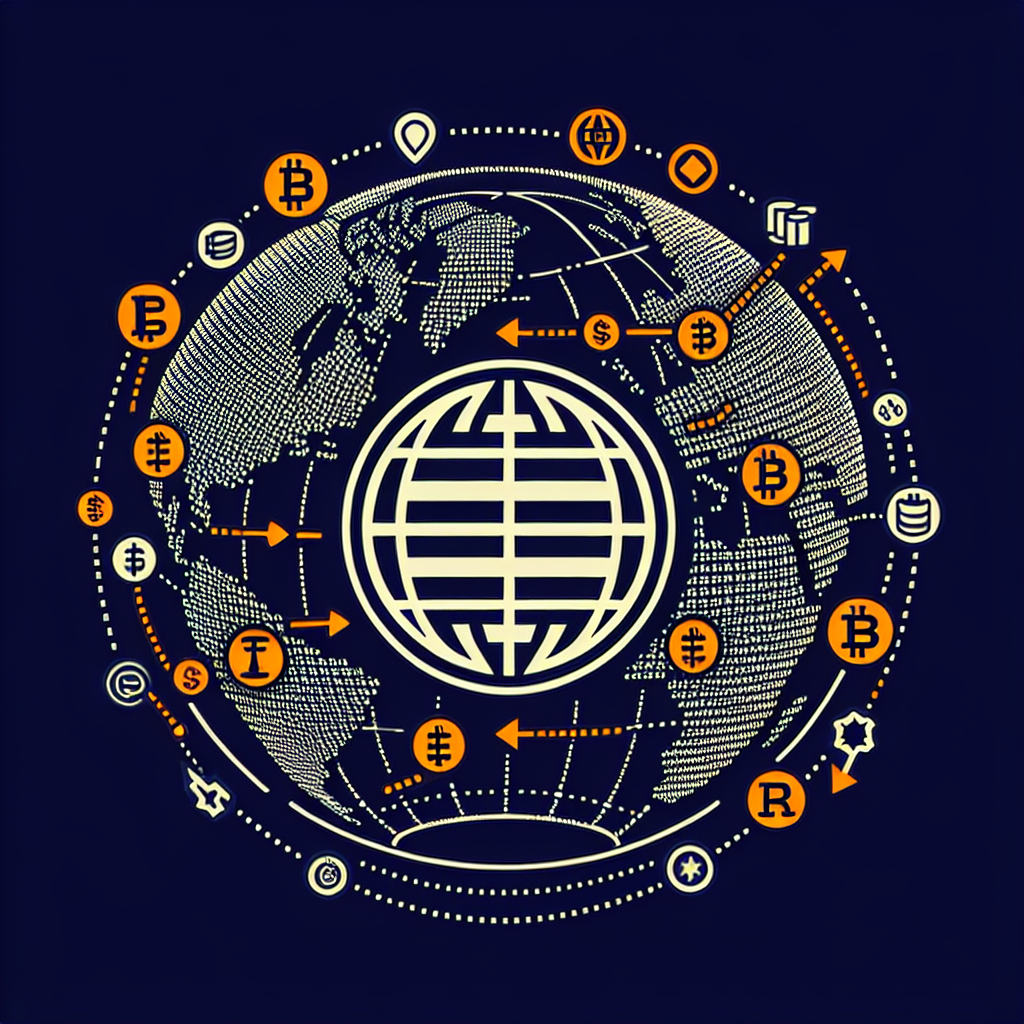 "Commodity Futures Trading Commission logo in orange superimposed on a globe adorned with midnight blue crypto icons, over a dark blue background. Dotted lines trace a network between international crypto exchanges with a reverse route leading back to the US, symbolizing a global pathway for trading activity."