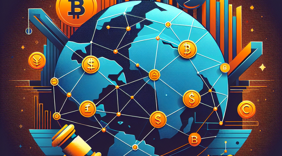 "Global trade illustration featuring a dark blue globe with midnight blue lines connecting different countries, overlayed with orange cryptocurrency symbols and Commodity Futures Trading Commission symbols. Image sized at 1200x628 pixels with the text 'Regulating Global Crypto Trade: CFTC's Approach' for a WordPress blog post on financial regulations."