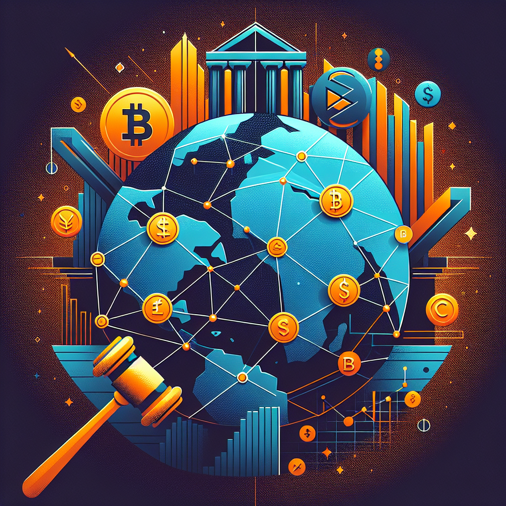 "Global trade illustration featuring a dark blue globe with midnight blue lines connecting different countries, overlayed with orange cryptocurrency symbols and Commodity Futures Trading Commission symbols. Image sized at 1200x628 pixels with the text 'Regulating Global Crypto Trade: CFTC's Approach' for a WordPress blog post on financial regulations."