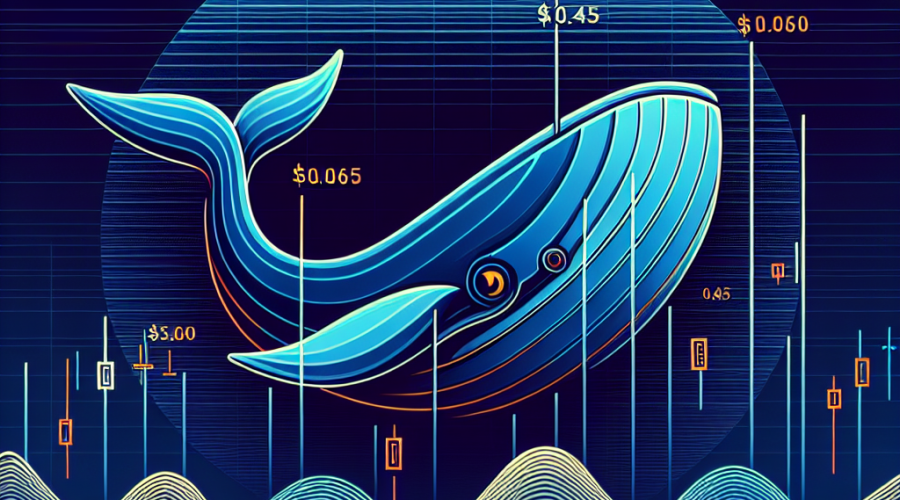 "1200x628 image reflecting the crypto market trend of CHILLGUY on the Solana network, featuring a line graph with key levels of $0.045, $0.05, and $0.065 on a blue and midnight blue gradient background. The image highlights whale buying activity with a whale overlay and a $560,000 label in orange, which is within our brand colors; Orange: #FF9811, Dark Blue: #000D43, Midnight Blue: #021B88. The visual elements represent the bearish and bullish market dynamics of CHILLGUY, infusing the sentiment of Solana memecoin market into the modern design".
