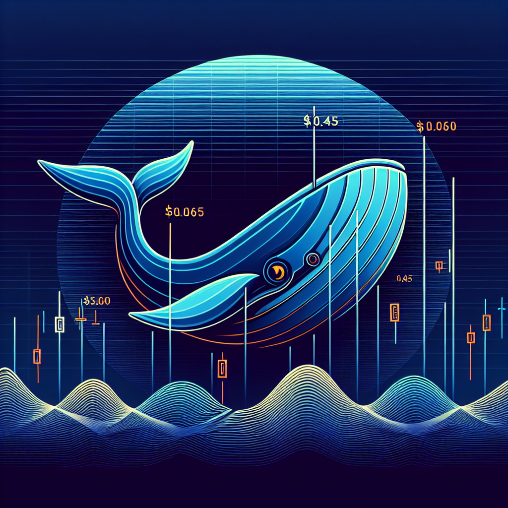 "1200x628 image reflecting the crypto market trend of CHILLGUY on the Solana network, featuring a line graph with key levels of $0.045, $0.05, and $0.065 on a blue and midnight blue gradient background. The image highlights whale buying activity with a whale overlay and a $560,000 label in orange, which is within our brand colors; Orange: #FF9811, Dark Blue: #000D43, Midnight Blue: #021B88. The visual elements represent the bearish and bullish market dynamics of CHILLGUY, infusing the sentiment of Solana memecoin market into the modern design".