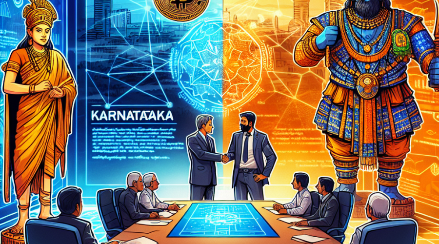 "Coinbase legal chief and Indian officials engrossed in a meeting equipped with developer tools and blueprints symbolizing blockchain applications, set against a contrasting backdrop featuring the tech-capital, Karnataka's landmarks in shades of dark and midnight blue, and the vivid orange Coinbase logo. The bold headline, 'Coinbase and Karnataka's Blockchain Collaboration', stands out prominently in brand colors; Dark Blue, Midnight Blue, and Orange, encapsulating the theme of blockchain technology collaboration."