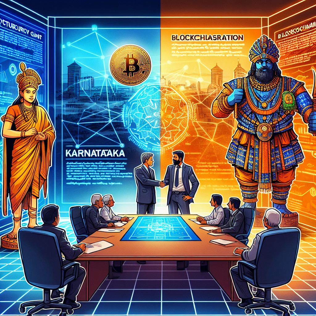 "Coinbase legal chief and Indian officials engrossed in a meeting equipped with developer tools and blueprints symbolizing blockchain applications, set against a contrasting backdrop featuring the tech-capital, Karnataka's landmarks in shades of dark and midnight blue, and the vivid orange Coinbase logo. The bold headline, 'Coinbase and Karnataka's Blockchain Collaboration', stands out prominently in brand colors; Dark Blue, Midnight Blue, and Orange, encapsulating the theme of blockchain technology collaboration."