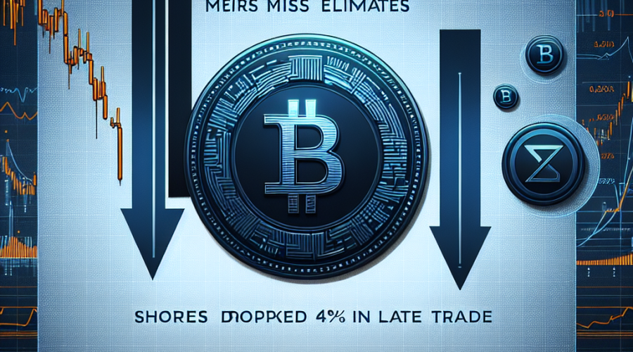 "Coinbase logo with a descending arrow symbolizing their Q2 earnings miss, against a background of financial graphs tinged in dark and midnight blue. The image is accentuated with an orange text headline stating 'Coinbase Q2 Earnings Miss Estimates' and a sub-heading stating 'Shares Dropped 4% in Late Trade.'"