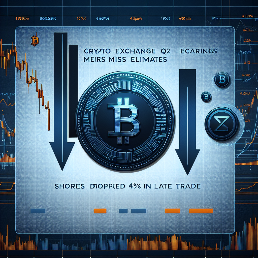 "Coinbase logo with a descending arrow symbolizing their Q2 earnings miss, against a background of financial graphs tinged in dark and midnight blue. The image is accentuated with an orange text headline stating 'Coinbase Q2 Earnings Miss Estimates' and a sub-heading stating 'Shares Dropped 4% in Late Trade.'"