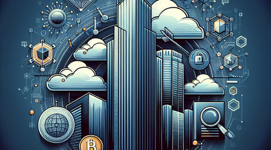 "Digital vector art depicting the Coinbase logo amongst symbols of ZKPs and Bank Secrecy Act document, illustrating the integration of cryptographic privacy tools for data security. Theme is highlighted by graphic representations of secured user data on a cloud storage backdrop, with critical elements in vibrant orange set against a dark to midnight blue gradient."