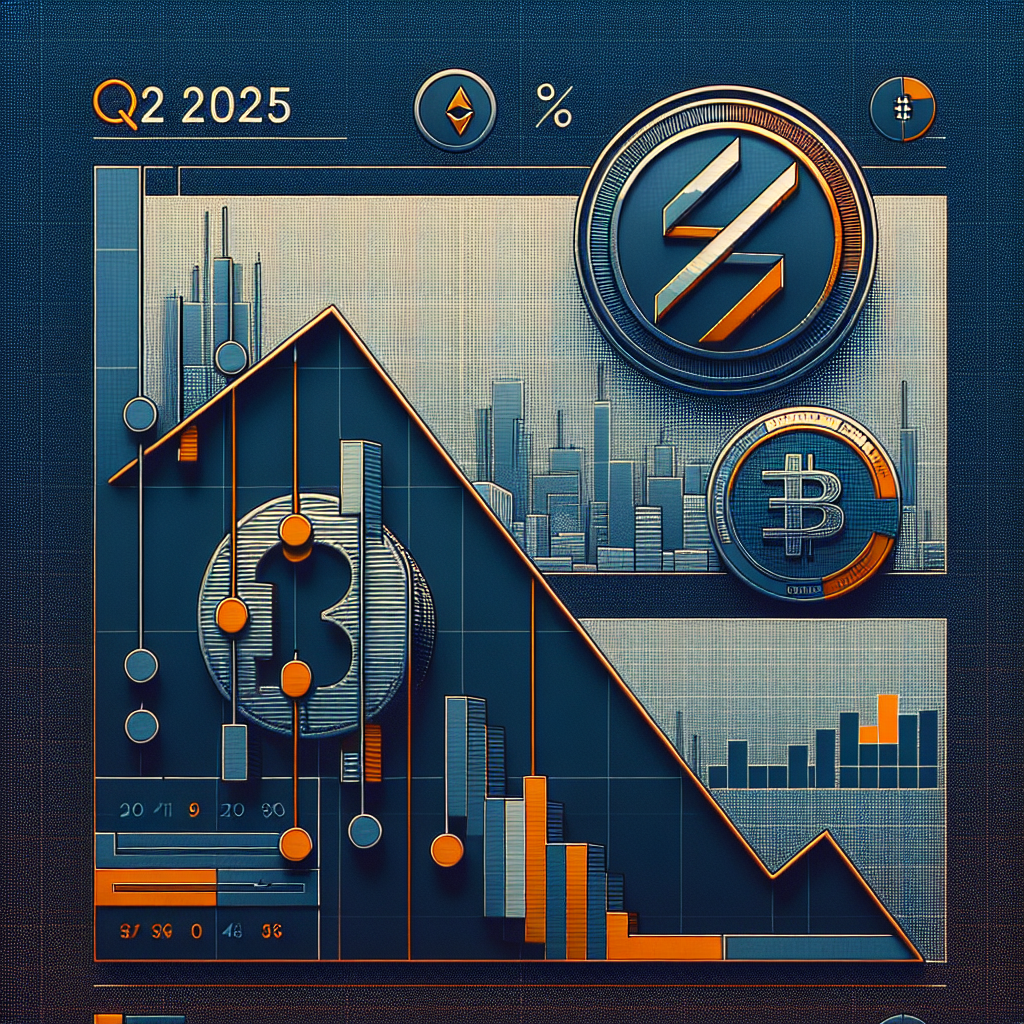 "SEO-optimized alt-text: Downtrend graph illustrating the Q2 2025 Coinbase revenue drop, portrayed by a 14% decrease highlighted in orange (#FF9811) wording, with the Coinbase logo and stablecoin icon accentuation. Informative title 'Coinbase Q2 Revenue Misses Estimates Amid Retail Trading Slump' given in bold midnight blue (#021B88) aligning with the dim shades of orange and blue in the background."