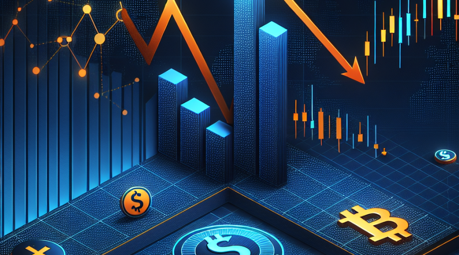 "Coinbase logo, Bitcoin icons, and dollar symbols on a dark blue background with a falling graph trend, orange downward arrow emphasizing a decrease in Coinbase's shares, along with subtle midnight blue upward arrows predicting future growth, underlined with 'Coinbase Q2 Earnings Report' in white bold letters on a midnight blue banner, Image dimension 1200x628 pixels."