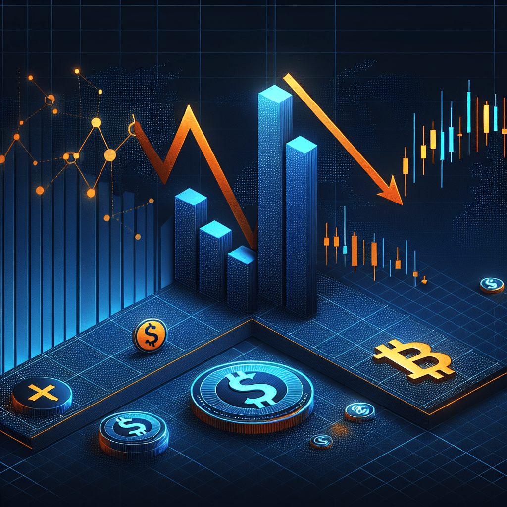 "Coinbase logo, Bitcoin icons, and dollar symbols on a dark blue background with a falling graph trend, orange downward arrow emphasizing a decrease in Coinbase's shares, along with subtle midnight blue upward arrows predicting future growth, underlined with 'Coinbase Q2 Earnings Report' in white bold letters on a midnight blue banner, Image dimension 1200x628 pixels."
