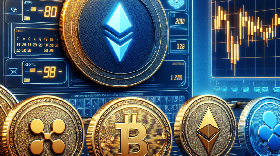 "Array of orange-colored cryptocurrency coins - Solana, XRP, Dogecoin - under the dark blue SEC logo indicating a decree on digital currencies, with the digital calendar in the background transitioning from September to October, amid a rich midnight blue backdrop - 1200 x 628 pixels."