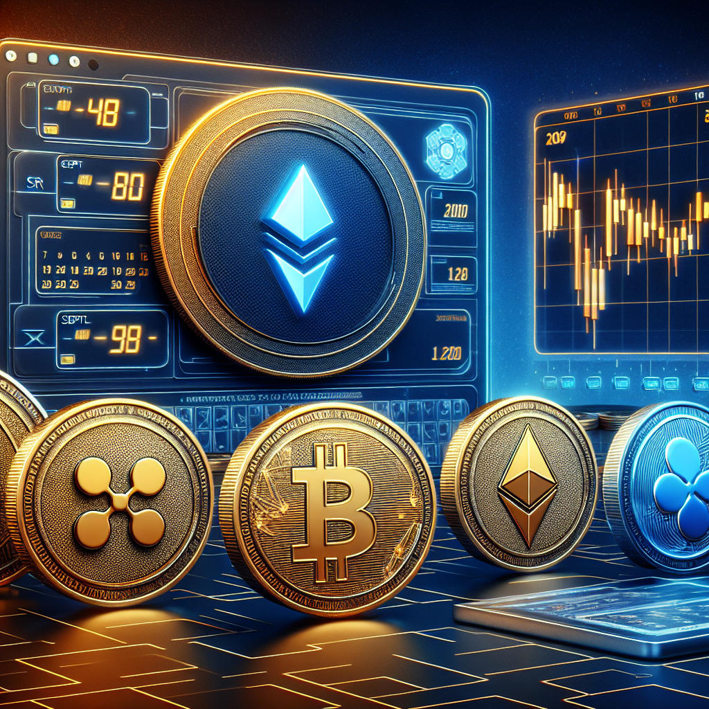 "Array of orange-colored cryptocurrency coins - Solana, XRP, Dogecoin - under the dark blue SEC logo indicating a decree on digital currencies, with the digital calendar in the background transitioning from September to October, amid a rich midnight blue backdrop - 1200 x 628 pixels."