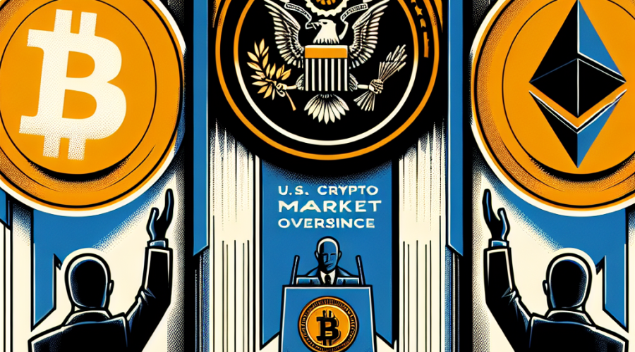 "U.S. Crypto Market Oversight image illustrating Brian Quintenz's nomination as head of the Commodity Futures Trading Commission (CFTC), cheered on by the leaders in the crypto industry. The image features the symbols of Bitcoin and Ethereum along with the representation of the CFTC seal, enveloped in a professional color blend of orange, dark blue and midnight blue, reflecting a serious tone aligned with the article's subject. Dimensions: 1200x628 pixels."