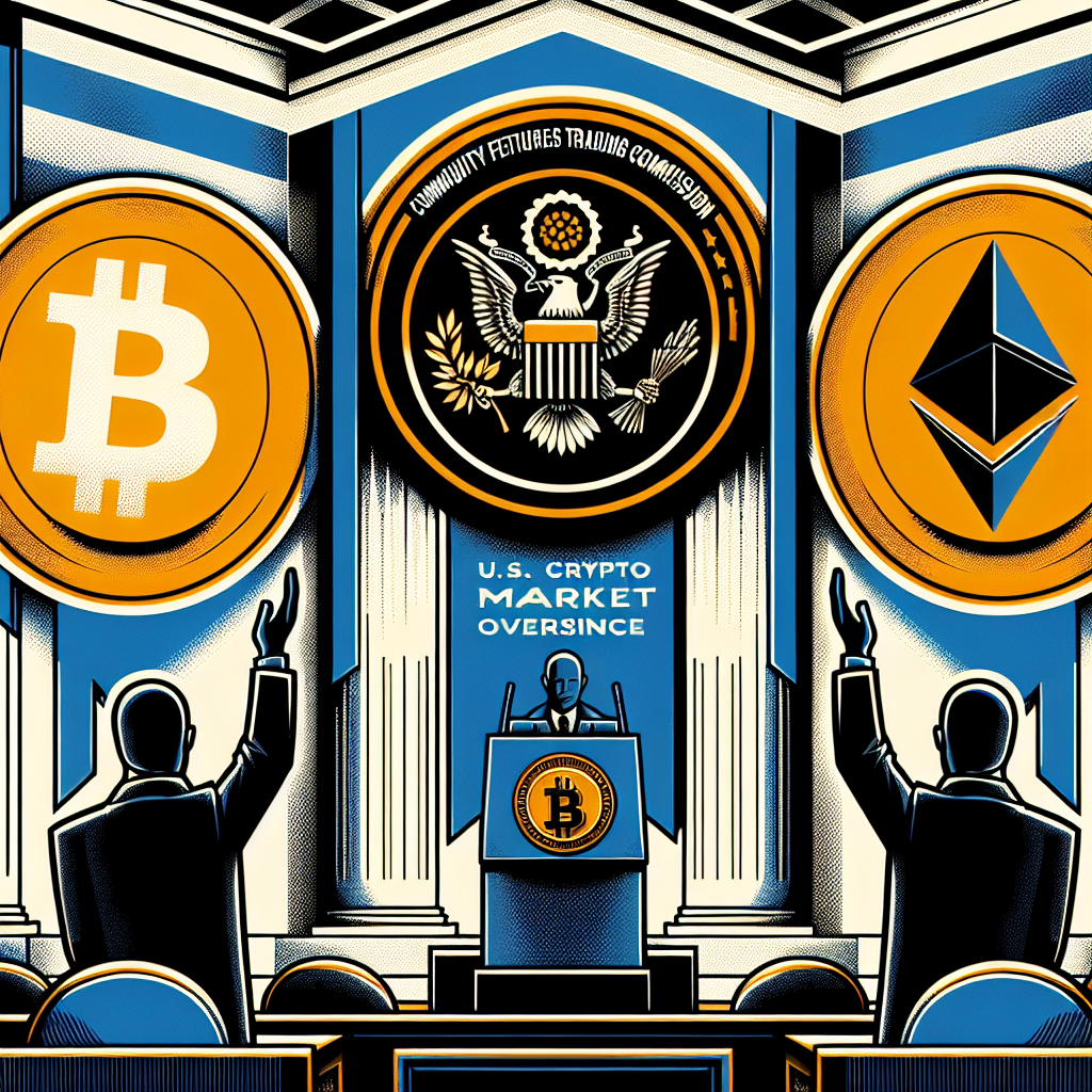 "U.S. Crypto Market Oversight image illustrating Brian Quintenz's nomination as head of the Commodity Futures Trading Commission (CFTC), cheered on by the leaders in the crypto industry. The image features the symbols of Bitcoin and Ethereum along with the representation of the CFTC seal, enveloped in a professional color blend of orange, dark blue and midnight blue, reflecting a serious tone aligned with the article's subject. Dimensions: 1200x628 pixels."