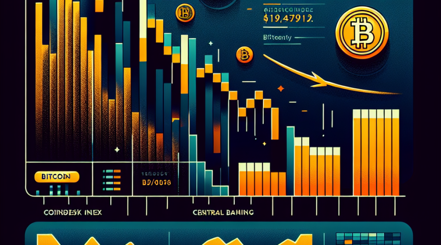 "Stylized financial chart illustrating a dip in the cryptocurrency market, specifically focusing on CoinDesk 20 Index and Bitunix with prominent Bitcoin symbols. The image features a Federal Reserve reference and discloses Bitcoin prices of 4.5K and 7.6K highlighted in standout orange (#FF9811). The background flaunts a cautious feel with tones of dark blue (#000D43, #021B88)."