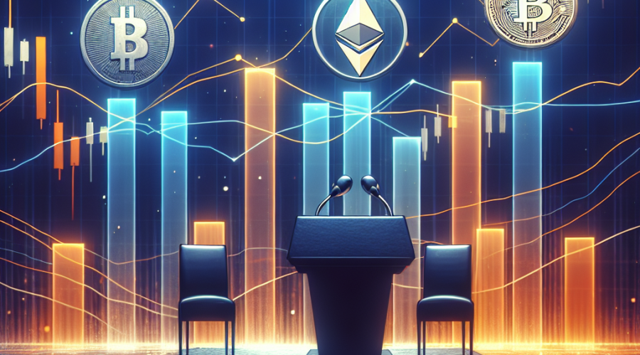 "Digital representation of soaring cryptocurrencies including Bitcoin and Ethereum on bar charts behind a speech podium symbolizing Jerome Powell, overlaid with streaks of orange and dark blue demonstrating investor optimism in the crypto market, amidst anticipation of the Fed's rate cut depicted by a falling rate marker in midnight blue."