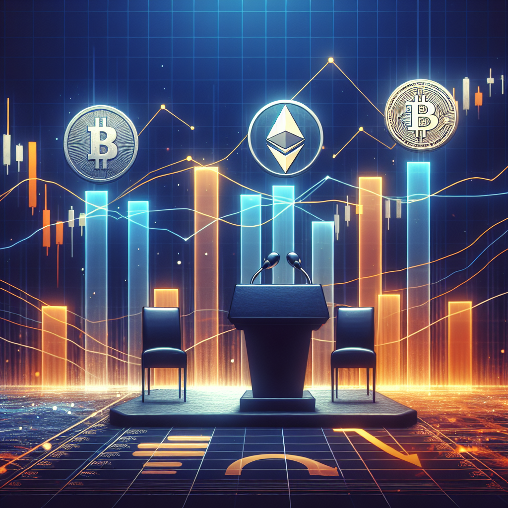 "Digital representation of soaring cryptocurrencies including Bitcoin and Ethereum on bar charts behind a speech podium symbolizing Jerome Powell, overlaid with streaks of orange and dark blue demonstrating investor optimism in the crypto market, amidst anticipation of the Fed's rate cut depicted by a falling rate marker in midnight blue."