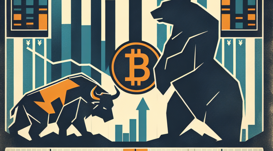 "Minimalist silhouette of bull and bear stock market symbols, Bitcoin, and a downward trending arrow in Orange, Dark Blue and Midnight Blue. Company names 'Coinbase' and 'Robinhood' subtly displayed in the background, referencing Bitcoin's value drop from 120,000 to 115,000 on bulletin board. 'Crypto's Roller-Coaster Ride' boldly written in the center, sizing 1200 x 628 pixels."