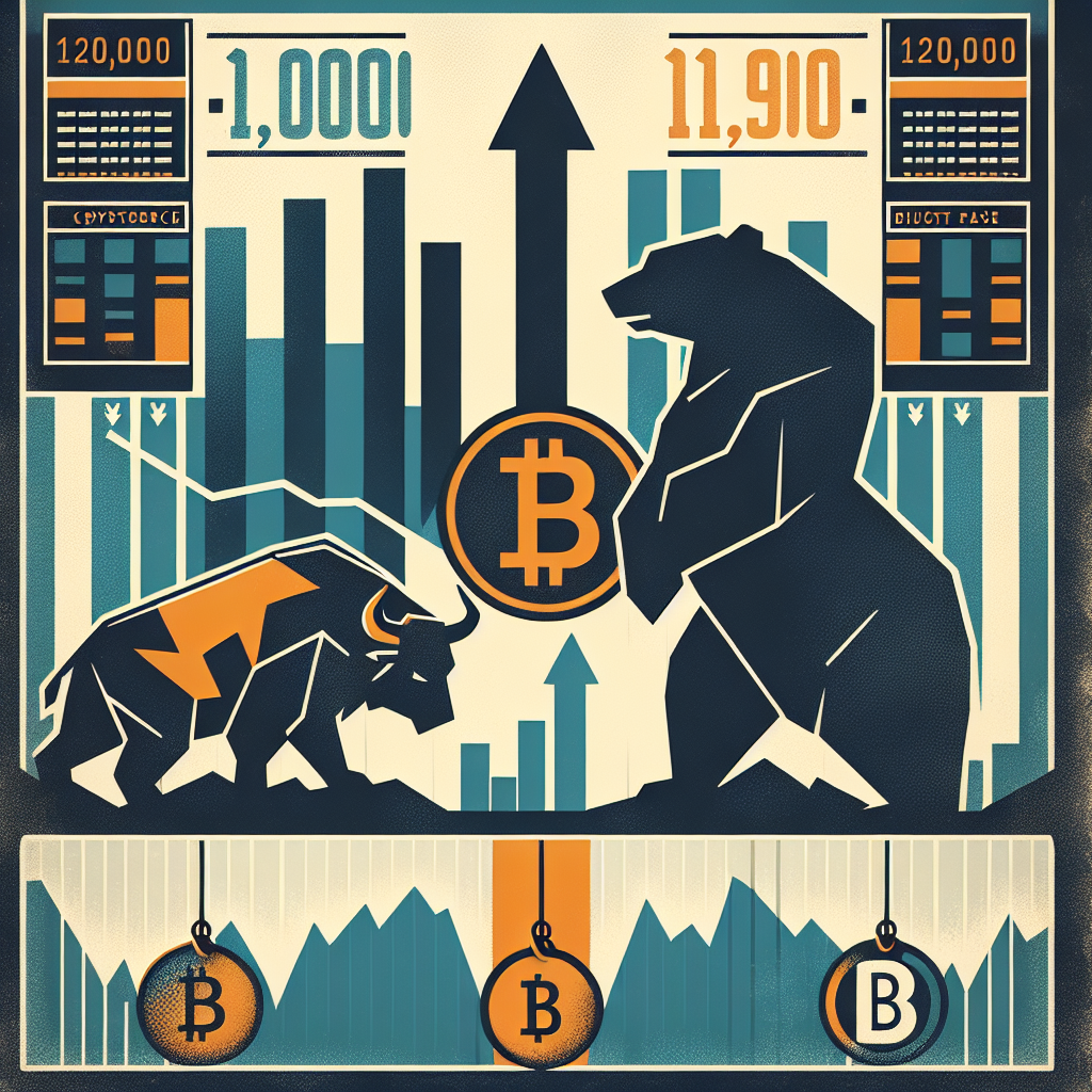 "Minimalist silhouette of bull and bear stock market symbols, Bitcoin, and a downward trending arrow in Orange, Dark Blue and Midnight Blue. Company names 'Coinbase' and 'Robinhood' subtly displayed in the background, referencing Bitcoin's value drop from 120,000 to 115,000 on bulletin board. 'Crypto's Roller-Coaster Ride' boldly written in the center, sizing 1200 x 628 pixels."