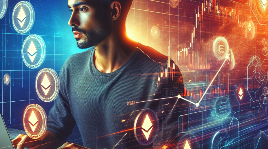 "Cryptocurrency trader expertly navigating Ether trades on a modern digital interface, amongst descending whale icons representing large-scale investors securing profits. The backdrop transitions between the brand's signature Orange, Dark Blue and Midnight Blue colors, symbolizing the volatility of the cryptocurrency market. The subtle Ethereum logo affirms the focus of the related article. The text 'From 5,000 to  Million: The Power of Crypto Trading' is boldly overlaid in white."