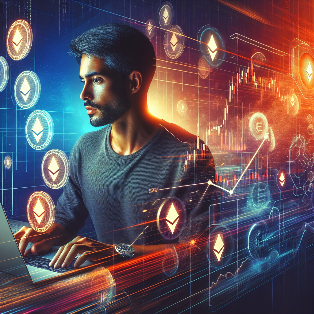 "Cryptocurrency trader expertly navigating Ether trades on a modern digital interface, amongst descending whale icons representing large-scale investors securing profits. The backdrop transitions between the brand's signature Orange, Dark Blue and Midnight Blue colors, symbolizing the volatility of the cryptocurrency market. The subtle Ethereum logo affirms the focus of the related article. The text 'From 5,000 to  Million: The Power of Crypto Trading' is boldly overlaid in white."