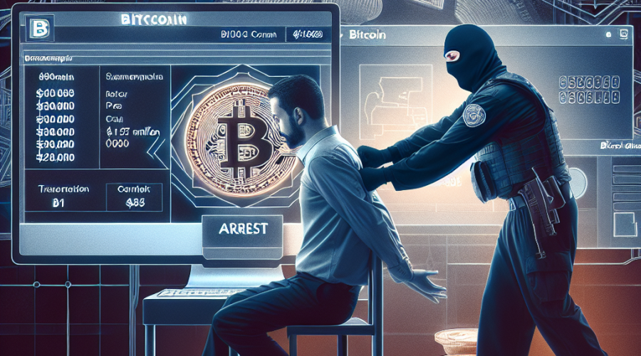 "SEO alt-text: Czech police officer Tomas Jirikovsky arrested near a computer displaying a  million Bitcoin transaction symbol with darknet marketplace glowing in the background, overlain with dark blue midnight gradient and brand-highlighted abstract orange detail, accompanied by 'Bitcoin scandal leads to arrest' text."